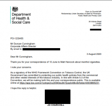Letter from the Minister for Prevention, Public Health and Primary Care to Imperial Tobacco UK, 3 August 2020